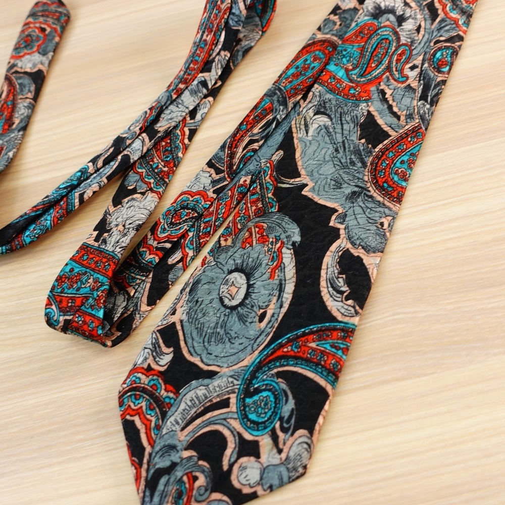 Vintage 80s Tie Men Black Teal Floral Paisley Baroque INDIAN HEAD Hand Made Boho